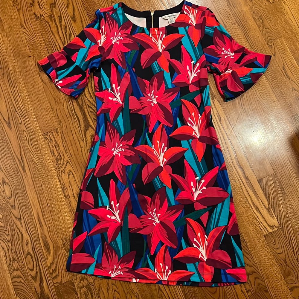Tommy Bahama Black Shift Dress with Red Floral Print and Teal Accents
